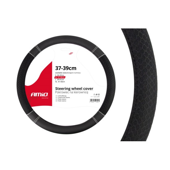 Amio - Κάλυμμα Τιμονιού 37-39cm SWC-20 Μαύρο με Λευκή Ραφή - Σταθερό Κράτημα & Άνεση Οδήγησης - 1 Τεμ (01697/AM)