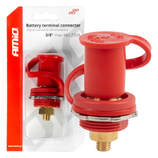 Amio - ΠΟΛΟΣ ΜΠΑΤΑΡΙΑΣ ΘΕΤΙΚΟΣ 3/8'' M10 max.48V 250A ΣΕ ΚΟΚΚΙΝΟ ΧΡΩΜΑ ΜΕ ΚΑΠΑΚΙ - 1 Τεμ. (03814/AM)