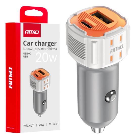 Amio - ΦΟΡΤΙΣΤΗΣ ΑΝΑΠΤΗΡΑ 12/24V ΜΕ 2 ΘΥΡΕΣ USB-C+USB 20W 5V/3AQC ΤΑΧΕΙΑΣ ΦΟΡΤΙΣΗΣ ΛΕΥΚΟΣ - 1 Τεμ. (03882/AM)