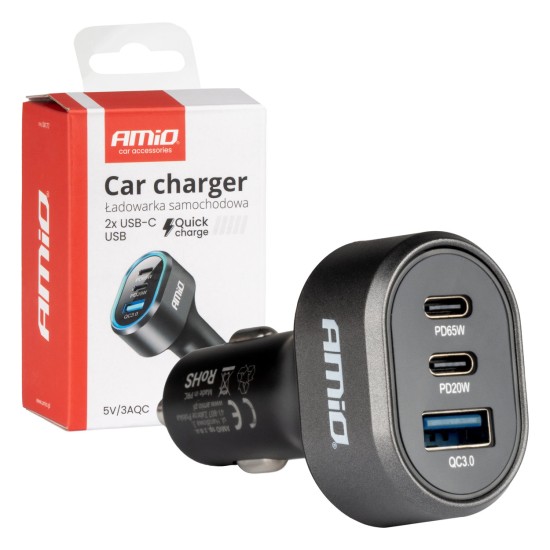 Amio - ΦΟΡΤΙΣΤΗΣ ΑΝΑΠΤΗΡΑ ΜΕ 3 ΘΥΡΕΣ 2xUSB-C 65W/20W+USB-A QUICK CHARGE 3.0 ΜΑΥΡΟ - 1 Τεμ. (04177/AM)