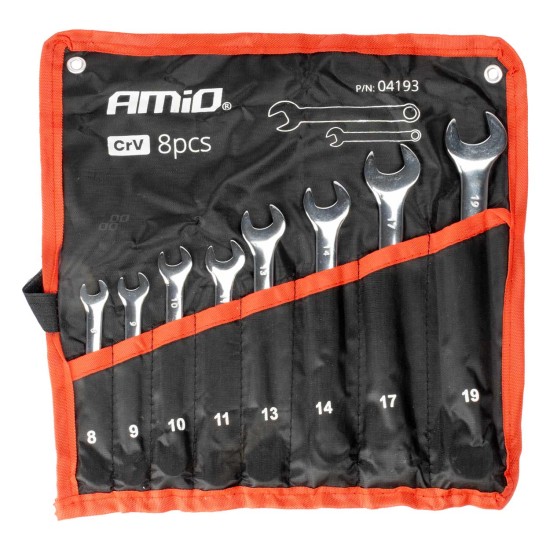 Amio - ΕΡΓΑΛΕΙΟΘΗΚΗ ΜΕ ΤΣΕΠΕΣ ΜΕ ΚΛΕΙΔΙΑ ΓΕΡΜΑΝΟΠΟΛΥΓΩΝΑ ΧΡΩΜΙΟ-ΒΑΝΑΔΙΟ (CRV) 8>19mm - 8 ΤΕΜ. (04193/AM)
