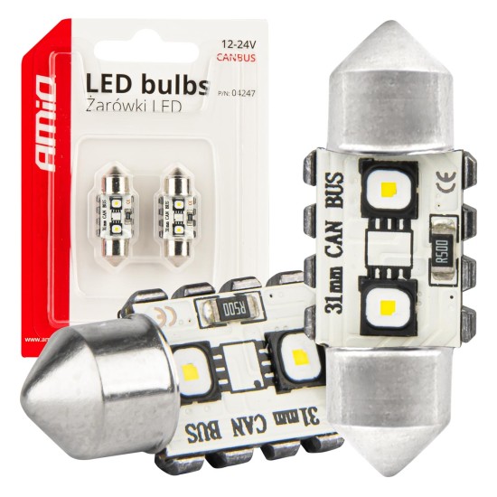 Amio - ΛΑΜΠΑΚΙΑ ΠΛΑΦΟΝΙΕΡΑΣ 31mm 12/24V C5W 5500K 12xSMD 3838 CAN-BUS FESTOON (ΛΕΥΚΟ) - 2 ΤΕΜ. (04247/AM)