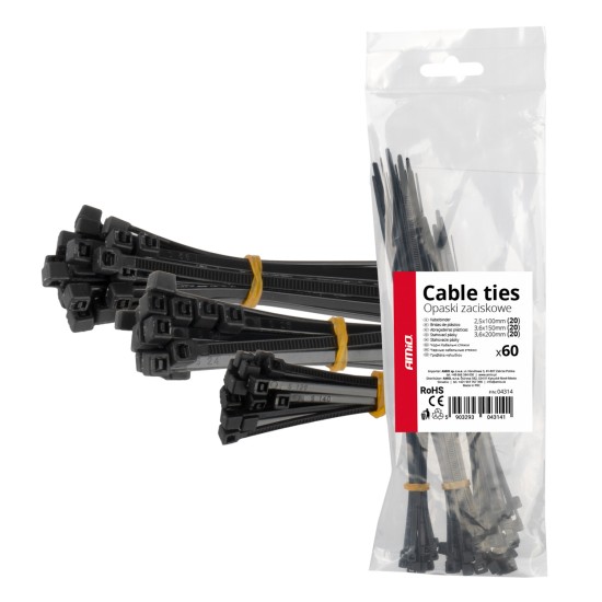 Amio - ΔΕΜΑΤΙΚΑ/ΔΕΤΙΚΑ ΚΑΛΩΔΙΩΝ TIE WRAP(ΤΑΙΡΑΠ) 2.5x100mm / 3.6x150mm / 3.6x200mm ΜΑΥΡΟ ΧΡΩΜΑ ΣΕΤ - 60 ΤΕΜ. (04314/AM)