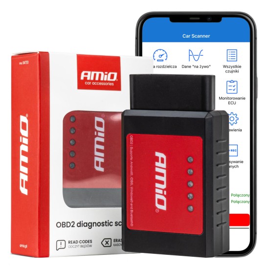 Amio - Διαγνωστικό Αυτοκινήτου OBD 2 τύπου ELM327 Bluetooth XL τάση λειτουργίας 12V με ασύρματη σύνδεση για Επιβατικά Αυτοκίνητα - 1 τεμ. (04733/AM)