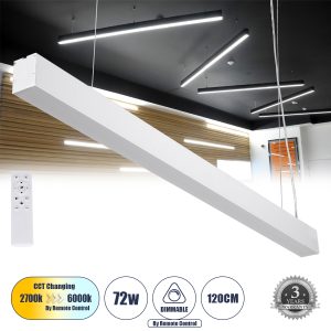 ORION 61031-P Γραμμικό Κρεμαστό Φωτιστικό Linear LED CCT 72W 8600lm 120° AC 220-240V Μ120 x Π5.5 x Υ7cm – Εναλλαγή Φωτισμού μέσω Τηλεχειριστηρίου All In One Ψυχρό 6000k+Φυσικό 4500k+Θερμό 2700k Dimmable – Λευκό – 3 Years Warranty