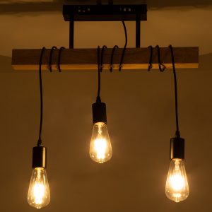 JOLLY 00605 Vintage Κρεμαστό Φωτιστικό Ανάρτηση Τρίφωτο 3 x E27 IP20 Μαύρο Μέταλλο, Καφε Ξύλο με Μαύρο Πλαστικό – Μ55 x Π6 x Υ30cm έως Y115cm max
