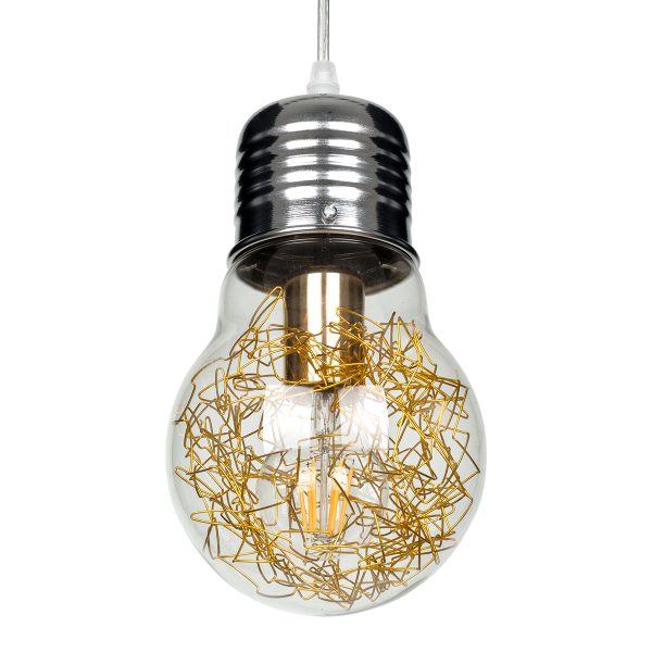 LAMP 00807 Μοντέρνο Κρεμαστό Φωτιστικό Φιγούρα Μονόφωτο 1 x E27 IP20 Ασημί & Χρυσό Μέταλλο με Διάφανο Γυαλί - Μ15 x Π15 x Υ27cm - Image 4