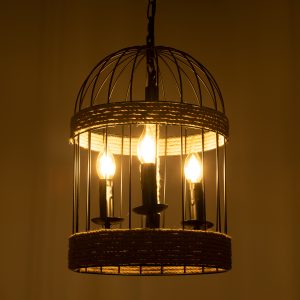 MERLIN 00865 Vintage Κρεμαστό Φωτιστικό Πλέγμα Τρίφωτο 3 x E14 IP20 Μαύρο Μέταλλο με Μπεζ Σχοινί – Μ28 x Π28 x Υ40cm