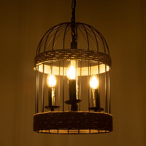 MERLIN 00865 Vintage Κρεμαστό Φωτιστικό Πλέγμα Τρίφωτο 3 x E14 IP20 Μαύρο Μέταλλο με Μπεζ Σχοινί - Μ28 x Π28 x Υ40cm - Image 2