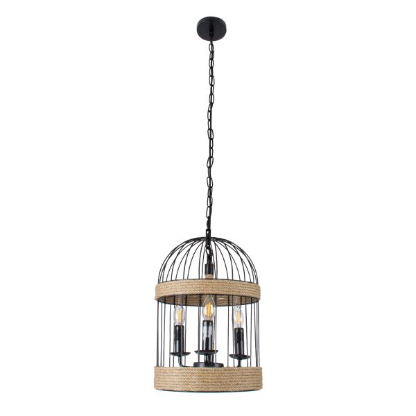 MERLIN 00865 Vintage Κρεμαστό Φωτιστικό Πλέγμα Τρίφωτο 3 x E14 IP20 Μαύρο Μέταλλο με Μπεζ Σχοινί - Μ28 x Π28 x Υ40cm - Image 3