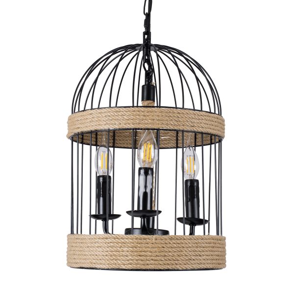 MERLIN 00865 Vintage Κρεμαστό Φωτιστικό Πλέγμα Τρίφωτο 3 x E14 IP20 Μαύρο Μέταλλο με Μπεζ Σχοινί - Μ28 x Π28 x Υ40cm - Image 4