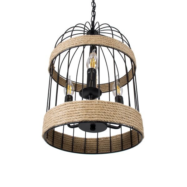 MERLIN 00865 Vintage Κρεμαστό Φωτιστικό Πλέγμα Τρίφωτο 3 x E14 IP20 Μαύρο Μέταλλο με Μπεζ Σχοινί - Μ28 x Π28 x Υ40cm - Image 5