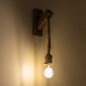 VANITY 00878 Vintage Επιτοίχιο Φωτιστικό Απλίκα Μονόφωτο 1 x E27 IP20 Καφέ Ξύλο με Μπεζ Σχοινί – Μ7 x Π15 x Υ38cm