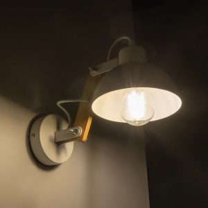 GRANT 00903 Μοντέρνο Επιτοίχιο Φωτιστικό Απλίκα Μονόφωτο 1 x E27 IP20 Λευκό Μέταλλο με Μπεζ Ξύλο – Μ15 x Π23 x Υ22cm