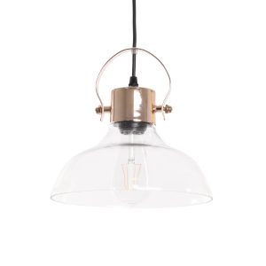 JAVER 00933 Vintage Κρεμαστό Φωτιστικό Καμπάνα Μονόφωτο 1 x E27 IP20 Διάφανο Γυαλί με Χάλκινο Μέταλλο – Μ24.5 x Π24.5 x Υ25cm