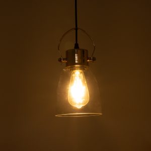 JAVER 00934 Vintage Κρεμαστό Φωτιστικό Καμπάνα Μονόφωτο 1 x E27 IP20 Διάφανο Γυαλί με Χάλκινο Μέταλλο – Μ14.5 x Π14.5 x Υ28cm