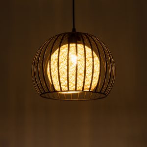 CARTER 00960 Μοντέρνο Κρεμαστό Φωτιστικό Πλέγμα Μονόφωτο 1 x E27 IP20 Μαύρο Μέταλλο με Μπεζ Σχοινί – Μ28 x Π28 x Υ23cm