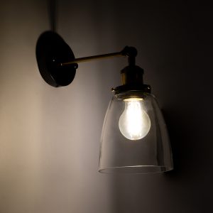 LYDIA 01071 Vintage Επιτοίχιο Φωτιστικό Απλίκα Μονόφωτο 1 x E27 IP20 Μαύρο & Χρυσό Μέταλλο με Διάφανο Γυαλί – Μ14 x Π26 x Υ30cm