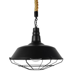 CRANE 01109 Vintage Κρεμαστό Φωτιστικό Καμπάνα Μονόφωτο 1 x E27 IP20 Μαύρο Μέταλλο με Μπεζ Σχοινί – Μ36 x Π36 x Υ30cm