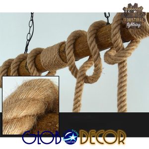 LILO 01149 Vintage Κρεμαστό Φωτιστικό Ράγα Τρίφωτο 3 x E27 IP20 Καφέ Ξύλο με Μπεζ Σχοινί Μ80 x Π15 x Υ100cm