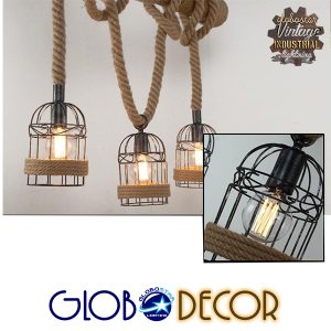 LILO 01149 Vintage Κρεμαστό Φωτιστικό Ράγα Τρίφωτο 3 x E27 IP20 Καφέ Ξύλο με Μπεζ Σχοινί Μ80 x Π15 x Υ100cm