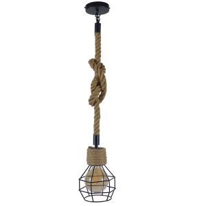 HELLET 01182 Vintage Κρεμαστό Φωτιστικό Πλέγμα Μονόφωτο 1 x E27 IP20 Μαύρο Μέταλλο με Μπεζ Σχοινί – Μ16 x Π16 x Υ25cm