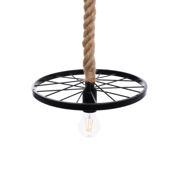 VELO 01185 Vintage Κρεμαστό Φωτιστικό Ανάρτηση Μονόφωτο 1 x E27 IP20 Μαύρο Μέταλλο με Μπεζ Σχοινί - Μ30 x Π30 x Υ12cm - Image 5
