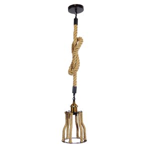 LANTERN 01186 Vintage Κρεμαστό Φωτιστικό Ανάρτηση Μονόφωτο 1 x E27 IP20 Μαύρο & Χρυσό Μέταλλο με Μπεζ Σχοινί – Μ15 x Π15 x Υ24cm