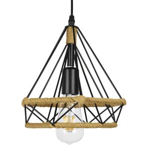FLUTED 01421 Vintage Κρεμαστό Φωτιστικό Πλέγμα Μονόφωτο 1 x E27 IP20 Μαύρο Μέταλλο με Μπεζ Σχοινί – Μ25 x Π25 x Y24cm