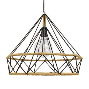 FLUTED 01422 Vintage Κρεμαστό Φωτιστικό Πλέγμα Μονόφωτο 1 x E27 IP20 Μαύρο Μέταλλο με Μπεζ Σχοινί – Μ50 x Π50 x Y44cm