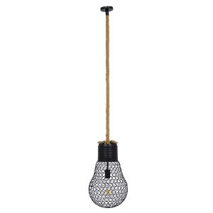 URBAN 01522 Vintage Κρεμαστό Φωτιστικό Πλέγμα Μονόφωτο 1 x E27 IP20 Μαύρο Μέταλλο με Μπεζ Σχοινί – Μ28 x Π28 x Υ40cm