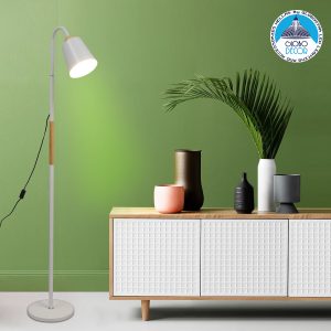RIBBON 01586 Μοντέρνο Επιδαπέδιο Φωτιστικό Μονόφωτο 1 x E27 IP20 Λευκό Μέταλλο με Μπεζ Ξύλο – Μ13 x Π13 x Υ164cm