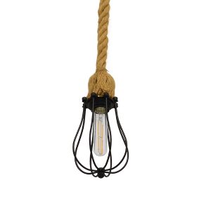 CAMBER 01594 Vintage Κρεμαστό Φωτιστικό Πλέγμα Μονόφωτο 1 x E27 IP20 Μαύρο Μέταλλο με Μπεζ Σχοινί – Μ11 x Π11 x Υ25cm