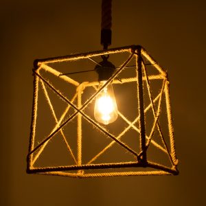 POLISHED 01616 Vintage Κρεμαστό Φωτιστικό Πλέγμα Μονόφωτο 1 x E27 IP20 Μαύρο Μέταλλο με Μπεζ Σχοινί – Μ30 x Π28 x Υ30cm