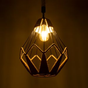 CONICAL 01617 Vintage Κρεμαστό Φωτιστικό Πλέγμα Μονόφωτο 1 x E27 IP20 Μαύρο Μέταλλο με Μπεζ Σχοινί – Μ30 x Π30 x Υ40cm