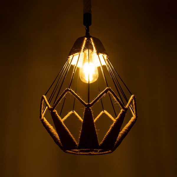 CONICAL 01617 Vintage Κρεμαστό Φωτιστικό Πλέγμα Μονόφωτο 1 x E27 IP20 Μαύρο Μέταλλο με Μπεζ Σχοινί - Μ30 x Π30 x Υ40cm - Image 2