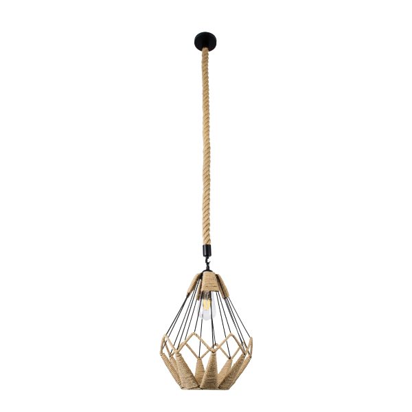 CONICAL 01617 Vintage Κρεμαστό Φωτιστικό Πλέγμα Μονόφωτο 1 x E27 IP20 Μαύρο Μέταλλο με Μπεζ Σχοινί - Μ30 x Π30 x Υ40cm - Image 3
