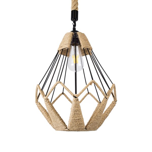 CONICAL 01617 Vintage Κρεμαστό Φωτιστικό Πλέγμα Μονόφωτο 1 x E27 IP20 Μαύρο Μέταλλο με Μπεζ Σχοινί - Μ30 x Π30 x Υ40cm - Image 4