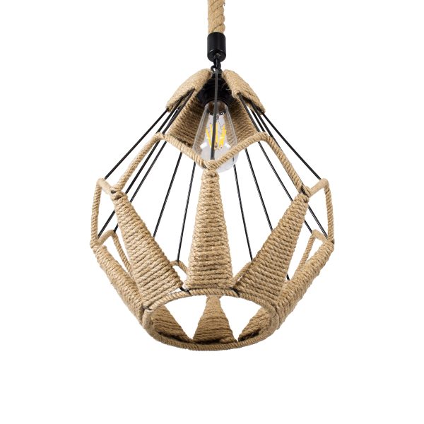 CONICAL 01617 Vintage Κρεμαστό Φωτιστικό Πλέγμα Μονόφωτο 1 x E27 IP20 Μαύρο Μέταλλο με Μπεζ Σχοινί - Μ30 x Π30 x Υ40cm - Image 5