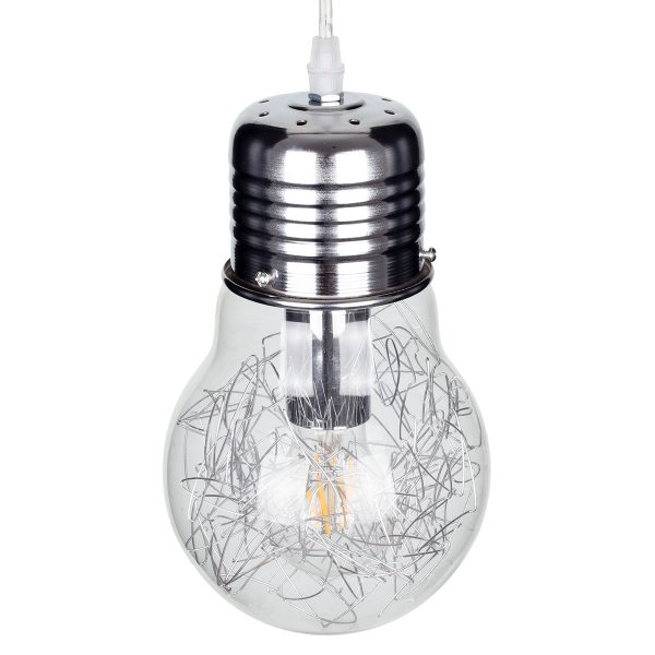 LAMP 01676 Μοντέρνο Κρεμαστό Φωτιστικό Φιγούρα Μονόφωτο 1 x E27 IP20 Ασημί Μέταλλο με Διάφανο Γυαλί - Μ15 x Π15 x Υ27cm - Image 5