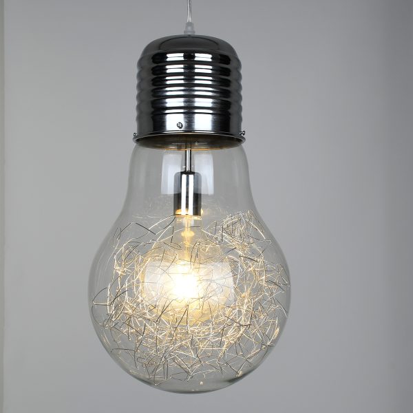 LAMP 01677 Μοντέρνο Κρεμαστό Φωτιστικό Φιγούρα Μονόφωτο 1 x E27 IP20 Ασημί Μέταλλο με Διάφανο Γυαλί - Μ30 x Π30 x Υ52cm - Image 2