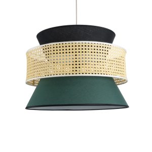 SAIGE 01916 Boho Κρεμαστό Φωτιστικό Πλέγμα Μονόφωτο 1 x E27 IP20 Μπεζ Ξύλο με Μαύρο & Πράσινο Ύφασμα – Μ50 x Π50 x Υ36cm