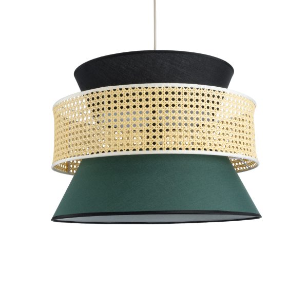 SAIGE 01916 Boho Κρεμαστό Φωτιστικό Πλέγμα Μονόφωτο 1 x E27 IP20 Μπεζ Ξύλο με Μαύρο & Πράσινο Ύφασμα - Μ50 x Π50 x Υ36cm