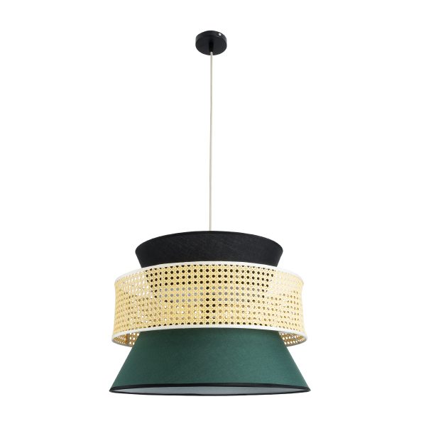 SAIGE 01916 Boho Κρεμαστό Φωτιστικό Πλέγμα Μονόφωτο 1 x E27 IP20 Μπεζ Ξύλο με Μαύρο & Πράσινο Ύφασμα - Μ50 x Π50 x Υ36cm - Image 3