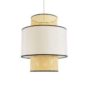SAIGE 01917 Boho Κρεμαστό Φωτιστικό Πλέγμα Μονόφωτο 1 x E27 IP20 Μπεζ Ξύλο με Μπεζ & Μαύρο Ύφασμα – Μ50 x Π50 x Υ60cm
