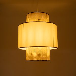 SAIGE 01917 Boho Κρεμαστό Φωτιστικό Πλέγμα Μονόφωτο 1 x E27 IP20 Μπεζ Ξύλο με Μπεζ & Μαύρο Ύφασμα – Μ50 x Π50 x Υ60cm