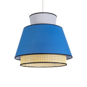 SAIGE 01918 Boho Κρεμαστό Φωτιστικό Πλέγμα Μονόφωτο 1 x E27 IP20 Μπεζ Ξύλο με Μπλε & Γκρι Ύφασμα – Μ50 x Π50 x Υ45cm