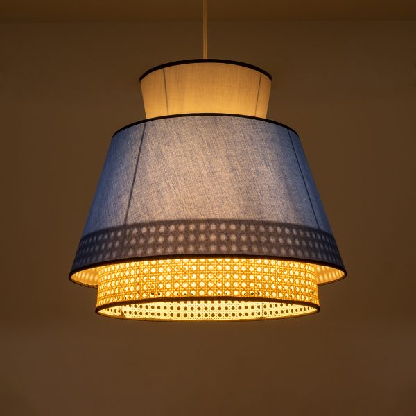 SAIGE 01918 Boho Κρεμαστό Φωτιστικό Πλέγμα Μονόφωτο 1 x E27 IP20 Μπεζ Ξύλο με Μπλε & Γκρι Ύφασμα - Μ50 x Π50 x Υ45cm - Image 2