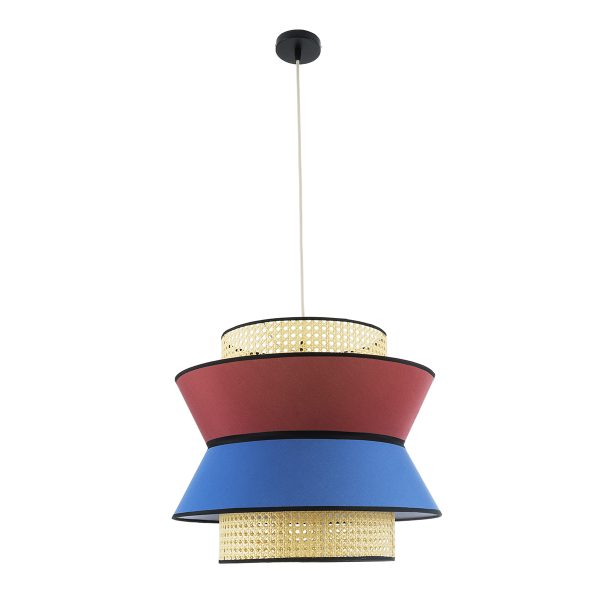 SAIGE 01919 Boho Κρεμαστό Φωτιστικό Πλέγμα Μονόφωτο 1 x E27 IP20 Μπεζ Ξύλο με Κόκκινο & Μπλε Ύφασμα - Μ50 x Π50 x Υ43cm - Image 3