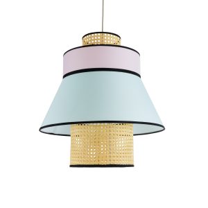 SAIGE 01920 Boho Κρεμαστό Φωτιστικό Πλέγμα Μονόφωτο 1 x E27 IP20 Μπεζ Ξύλο με Πολύχρωμο Ύφασμα – Μ50 x Π50 x Υ54cm